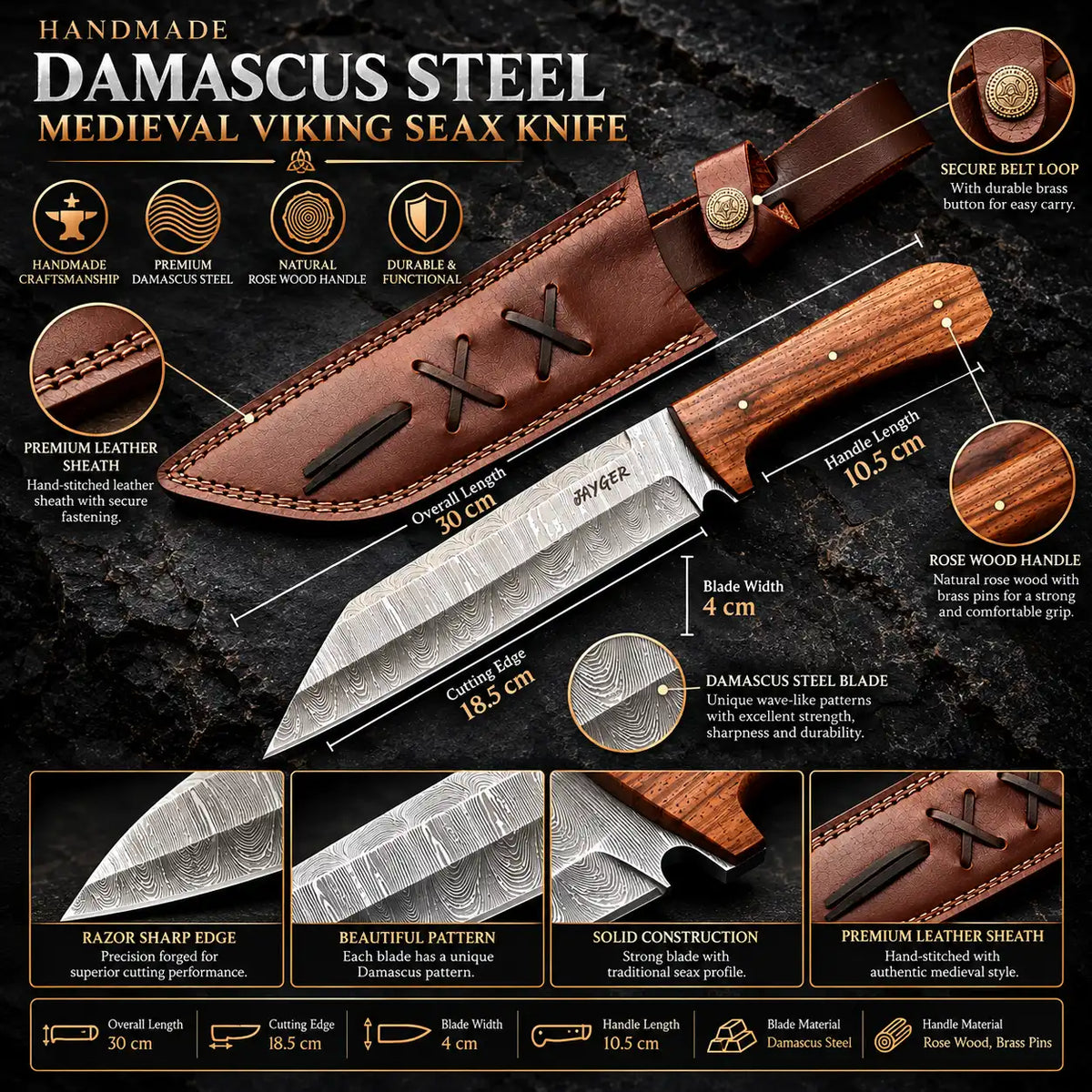 Handmade Damascus Steel Medieval Viking Seax Knife