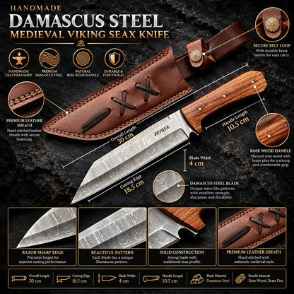 Handmade Damascus Steel Medieval Viking Seax Knife