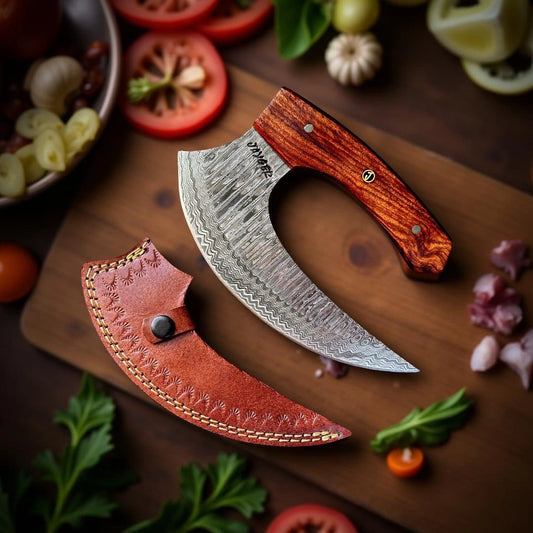 Damascus Steel Alaskan Ulu knife With Leather Sheath
