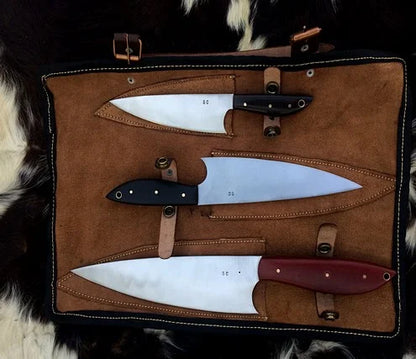 Chef Knives Set Of 3 With Roll Over Leather Sheath