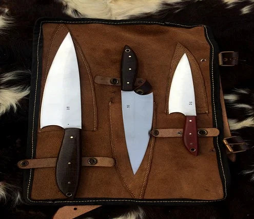 Kitchen Knife Set Of 3 With Leather Roll Over Bag