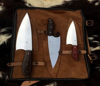 Kitchen Knife Set Of 3 With Leather Roll Over Bag