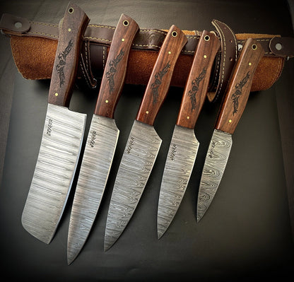 Damascus Knife Set Of 5 Pcs With Leather Knife Roll