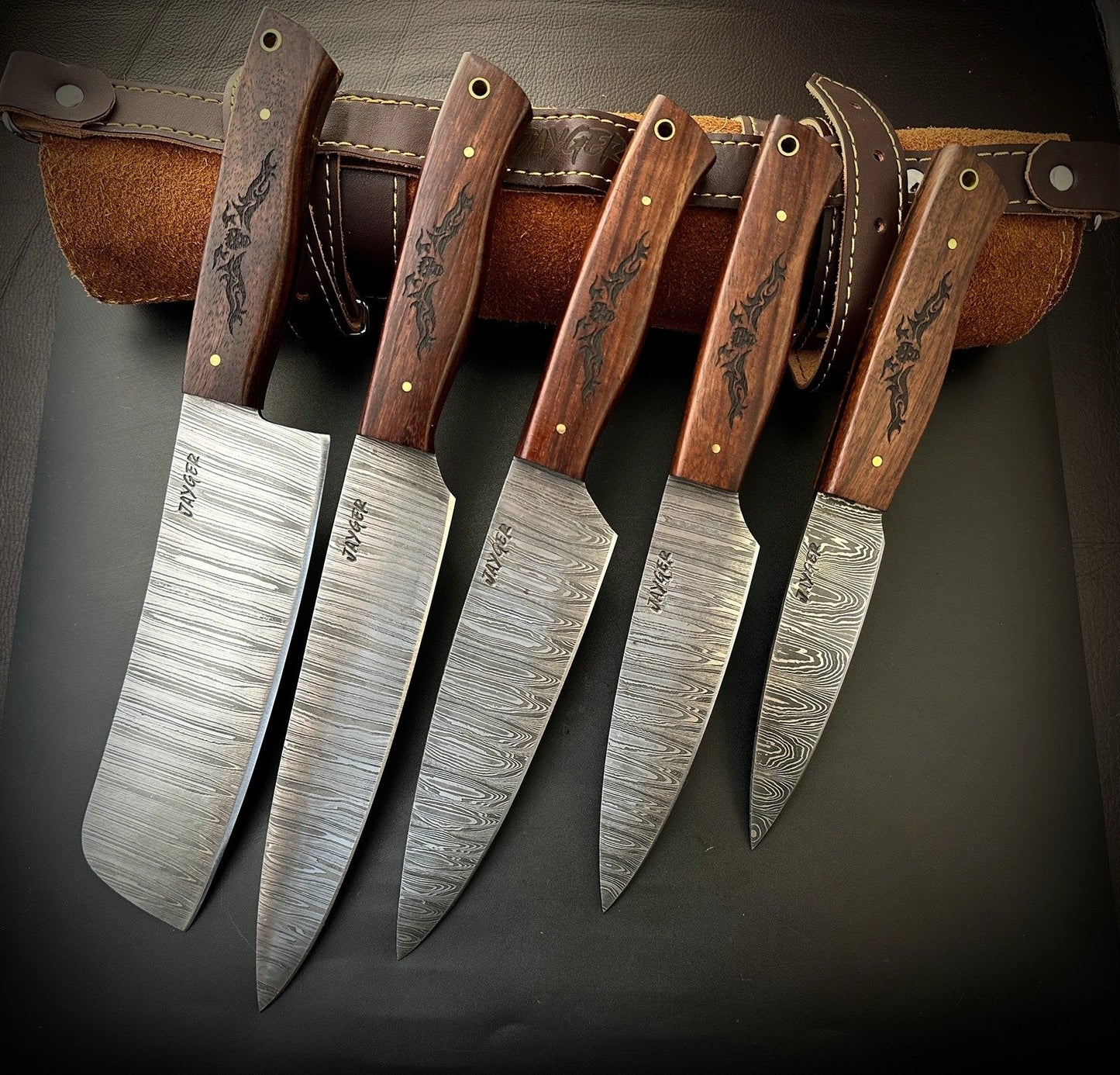 Damascus Knife Set Of 5 Pcs With Leather Knife Roll