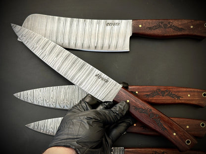 Damascus Knife Set Of 5 Pcs With Leather Knife Roll