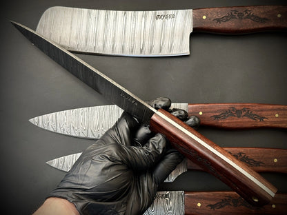 Damascus Knife Set Of 5 Pcs With Leather Knife Roll