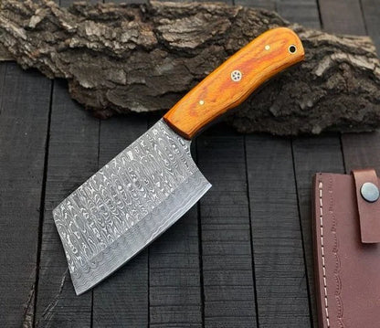 Handmade Damascus Steel Meat Cleaver Hatchet Camping Knife Wood Handle
