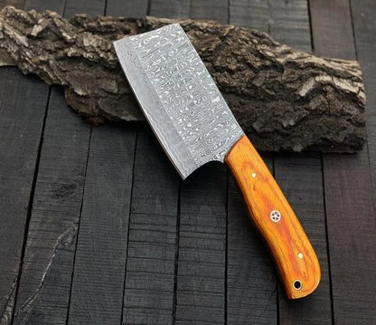 Handmade Damascus Steel Meat Cleaver Hatchet Camping Knife Wood Handle