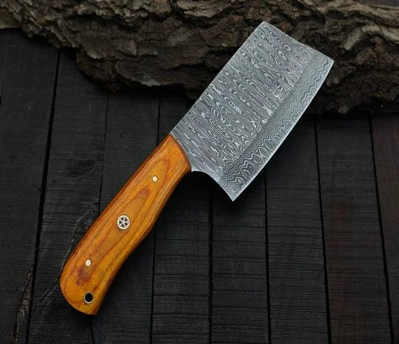 Handmade Damascus Steel Meat Cleaver Hatchet Camping Knife Wood Handle