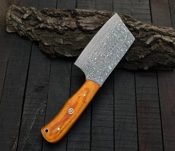 Handmade Damascus Steel Meat Cleaver Hatchet Camping Knife Wood Handle