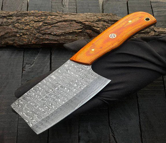 Handmade Damascus Steel Meat Cleaver Hatchet Camping Knife Wood Handle