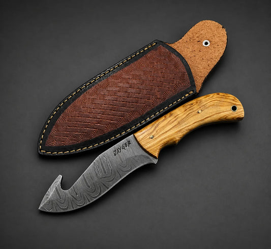 Handmade Gut Hook Skinning Knife-Damascus Steel