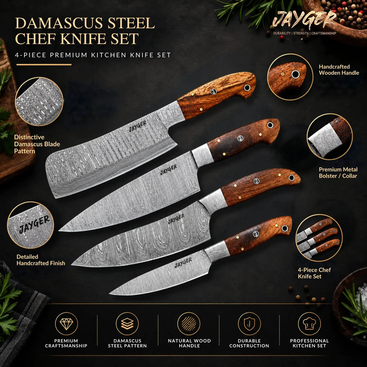 Hand Forged Damascus Steel Kitchen Knife / Chef Set