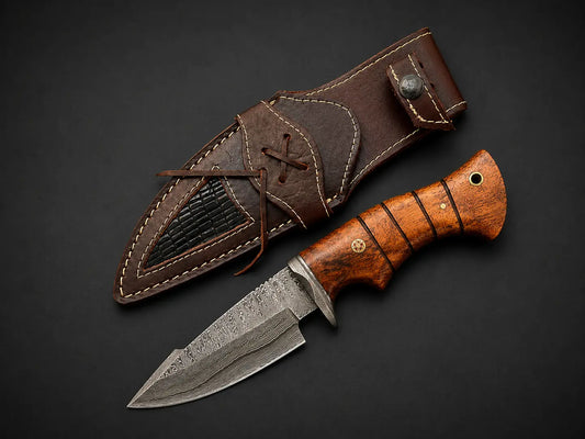 Damascus Steel Hunting Knife With Leather Sheath-Small