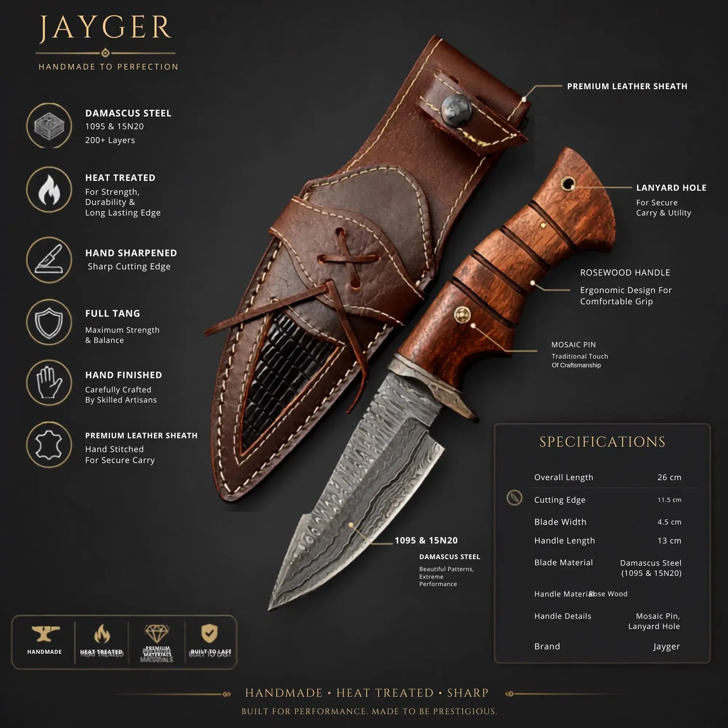 Damascus Steel Hunting Knife With Leather Sheath