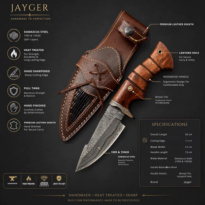 Damascus Steel Hunting Knife With Leather Sheath