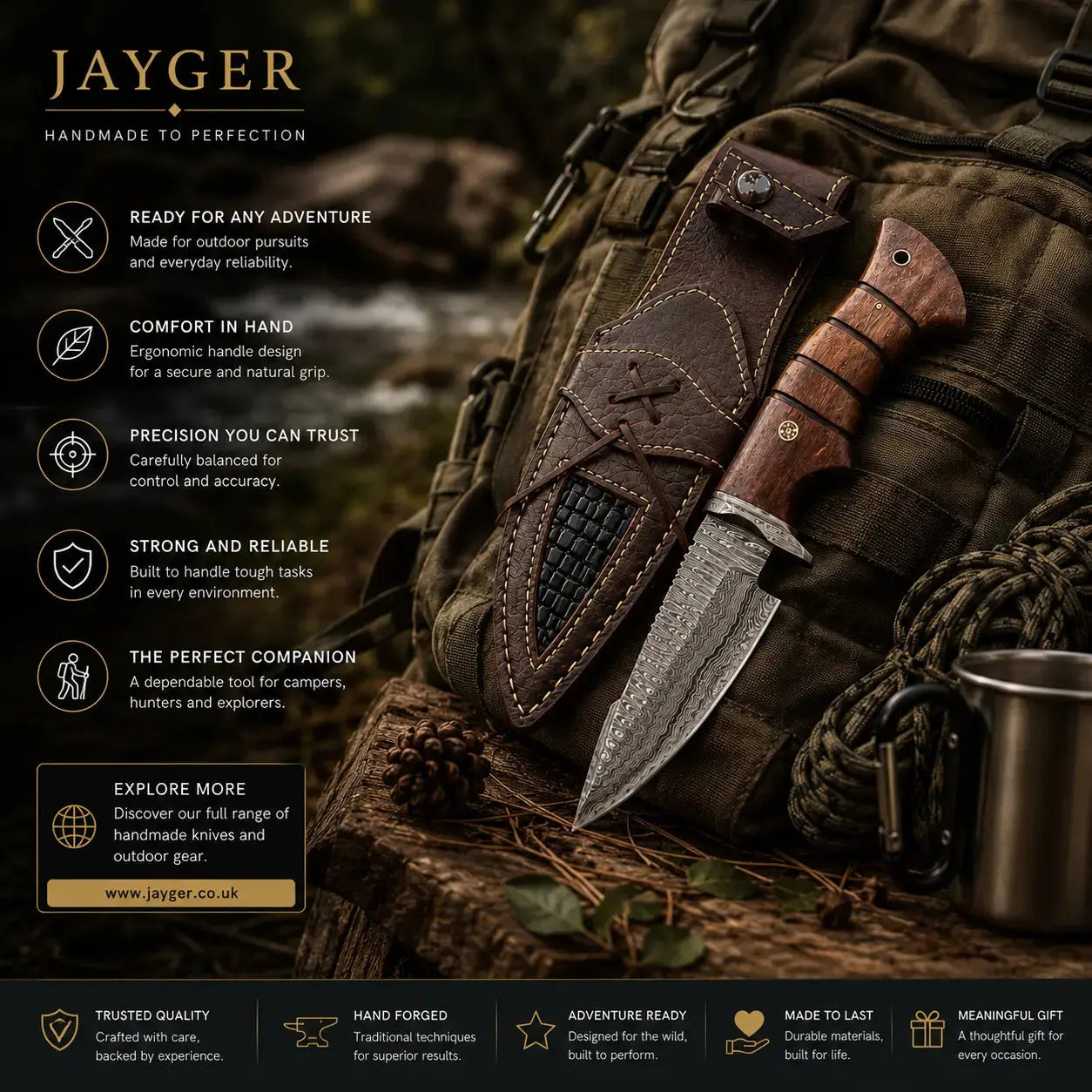 Damascus Steel Hunting Knife With Leather Sheath
