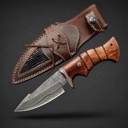 Damascus Steel Hunting Knife With Leather Sheath