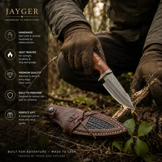 Damascus Steel Hunting Knife With Leather Sheath