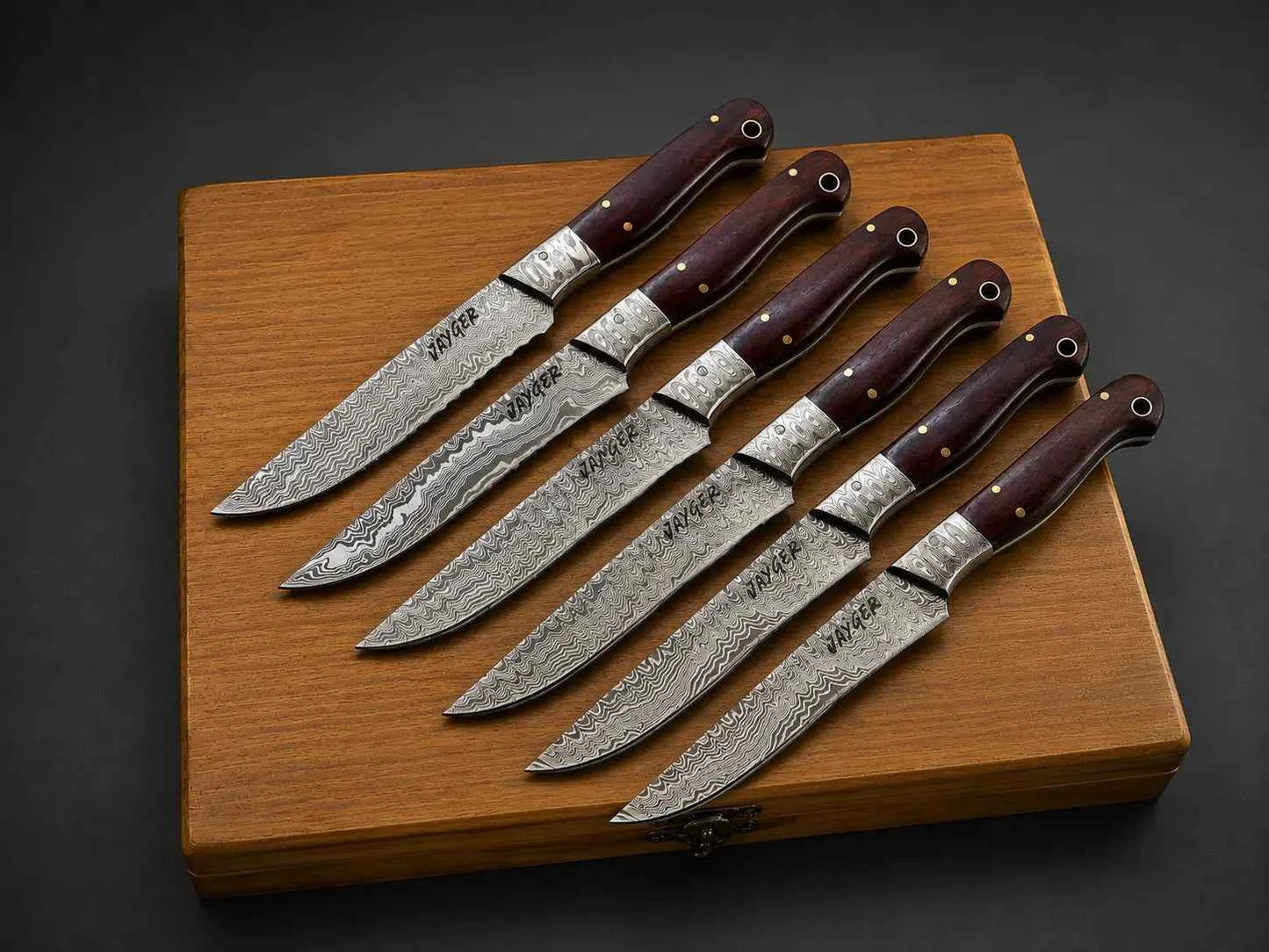Damascus Steel Steak Knife Set of 6 with Wooden Box