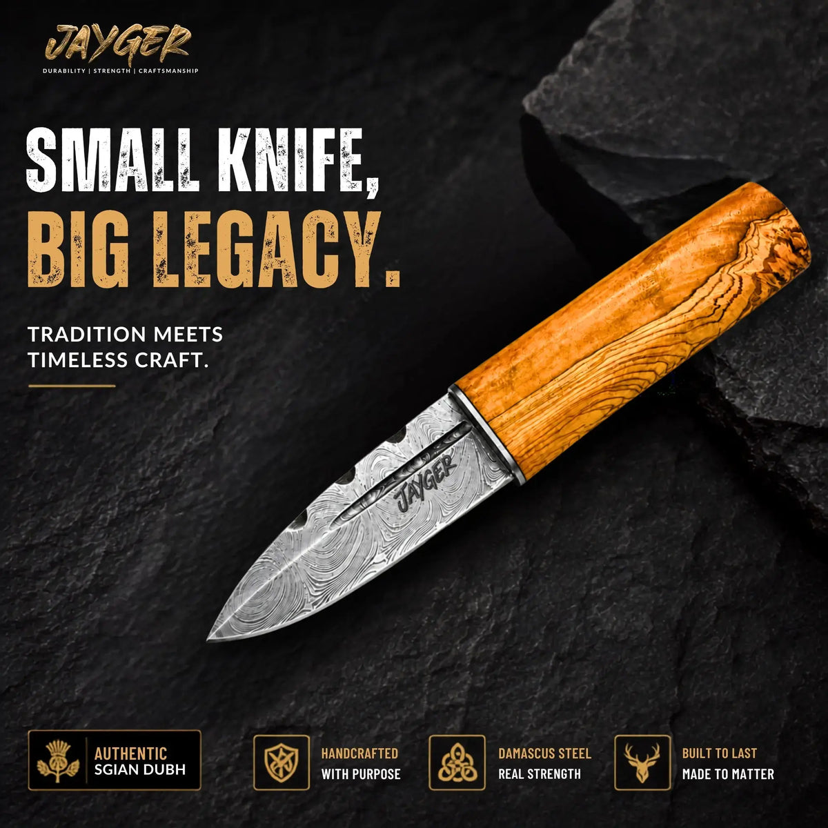 Handmade Sgian Dubh Damascus Steel Blade Olive Wood Handle