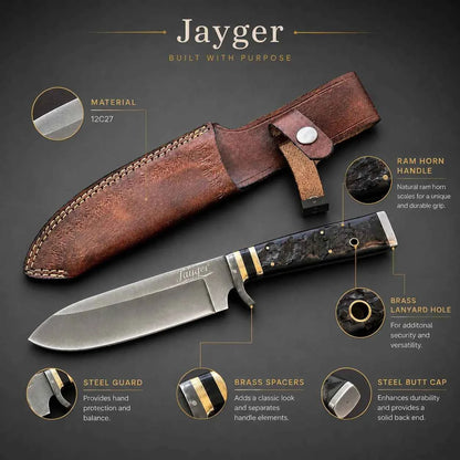 Hunting Knife with Ram Horn Handle & Leather Sheath-HK21
