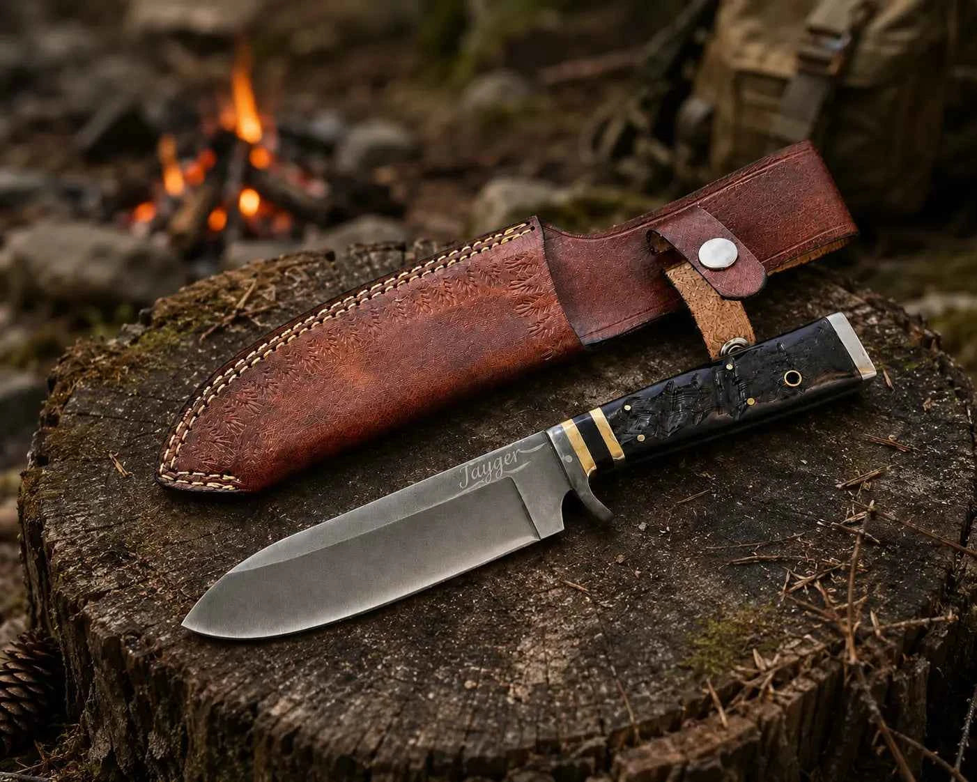 Hunting Knife with Ram Horn Handle & Leather Sheath-HK21