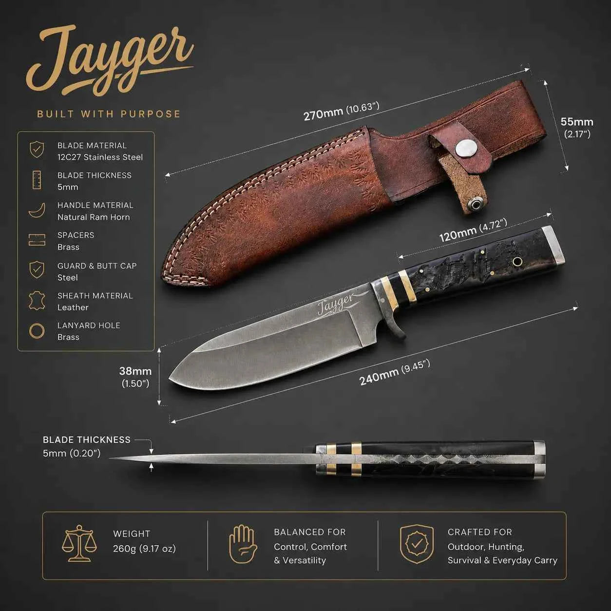 Hunting Knife with Ram Horn Handle & Leather Sheath-HK21