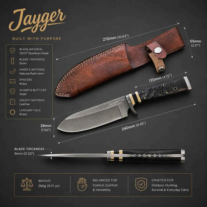 Hunting Knife with Ram Horn Handle & Leather Sheath-HK21