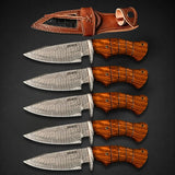 Set of 5 Damascus Steel Hunting Knife With Leather Sheath