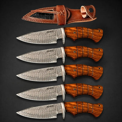 Set of 5 Damascus Steel Hunting Knife With Leather Sheath