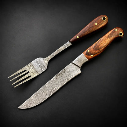 Damascus Steel Steak Knife & Fork Set – Wooden Handle Cutlery Set