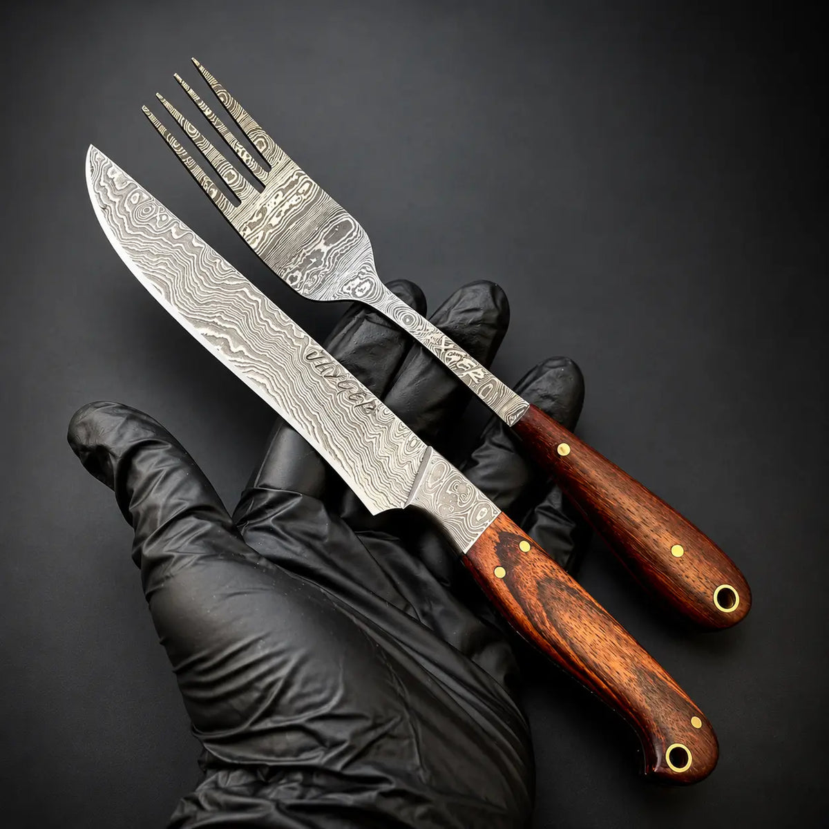 Damascus Steel Steak Knife & Fork Set – Wooden Handle Cutlery Set