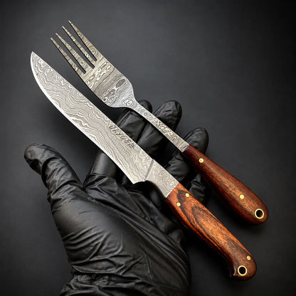 Damascus Steel Steak Knife & Fork Set – Wooden Handle Cutlery Set
