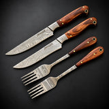 Damascus Steel Steak Knife & Fork Set – Wooden Handle Cutlery Set