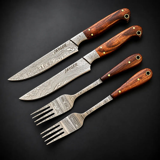 Damascus Steel Steak Knife & Fork Set – Wooden Handle Cutlery Set