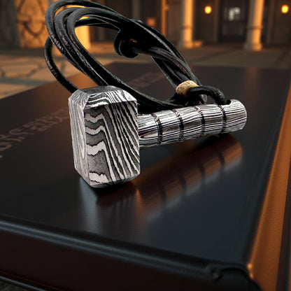 Hand-Forged Damascus Steel Thor’s Hammer Pendant | Viking Mjölnir Necklace