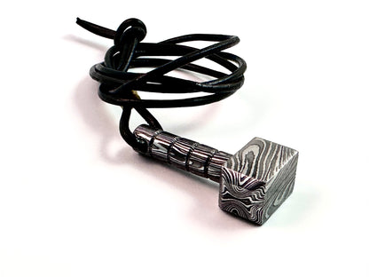 Hand-Forged Damascus Steel Thor’s Hammer Pendant | Viking Mjölnir Necklace