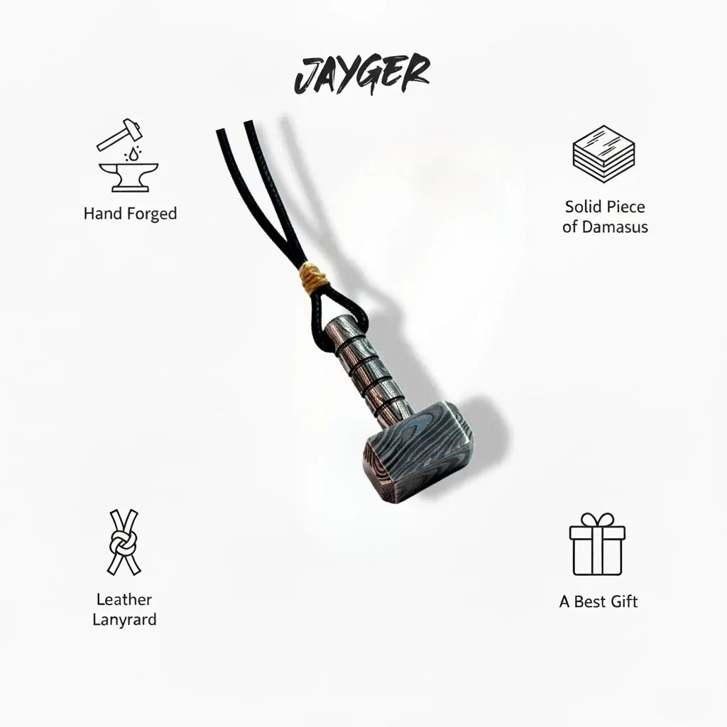 Hand-Forged Damascus Steel Thor's Hammer Pendant | Viking Mjölnir