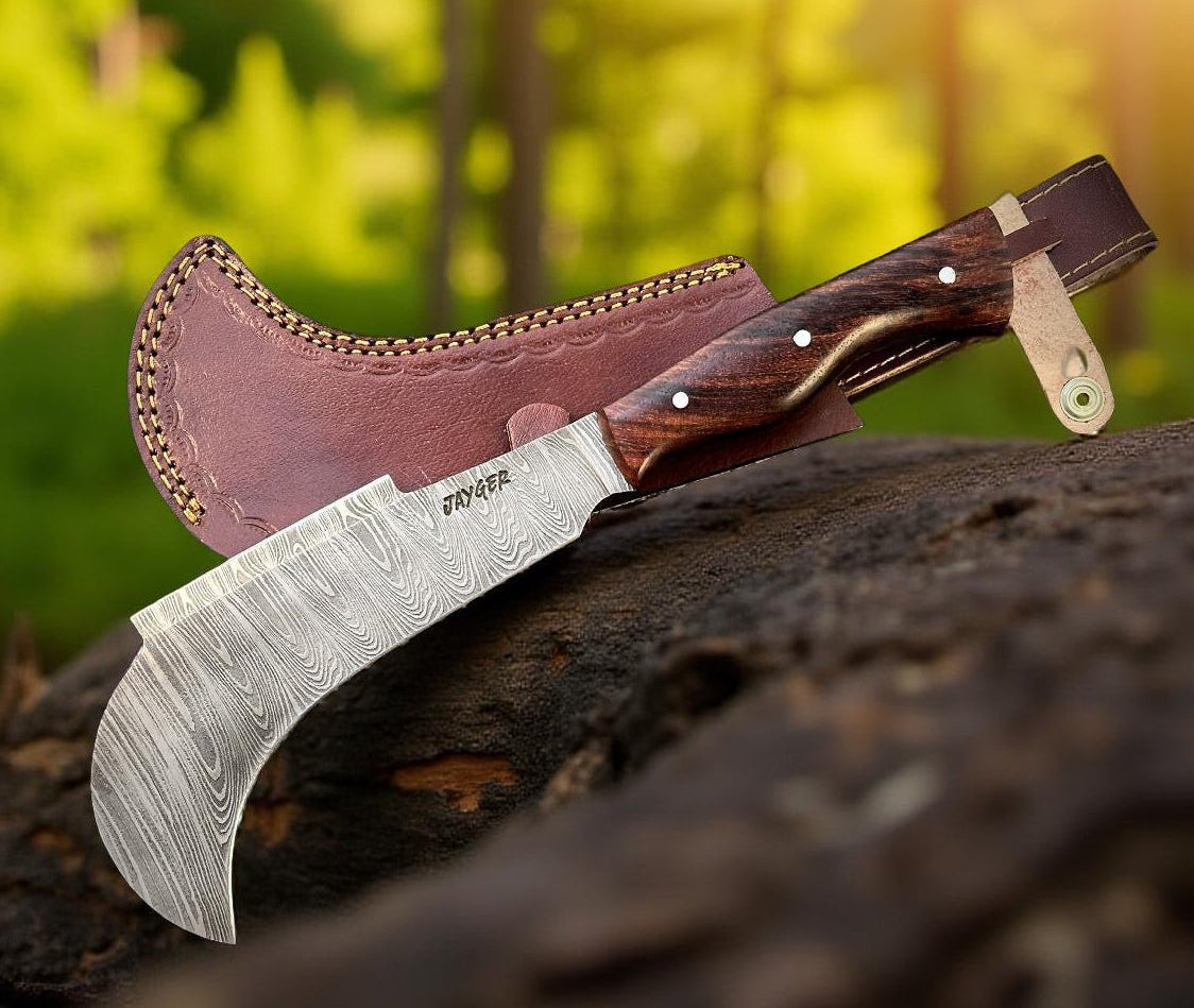 Knife with wooden handle and leather sheath on a tree stump with a forest background
