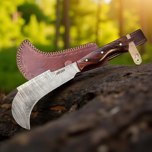 Knife with wooden handle and leather sheath on a tree stump with a forest background