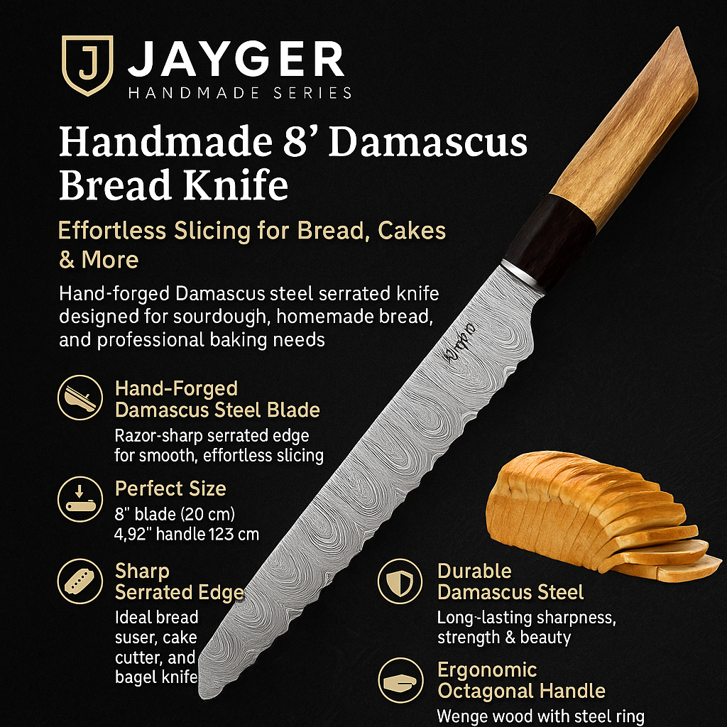 Handmade Bread Knife – Hand Serrated Damascus Steel Blade