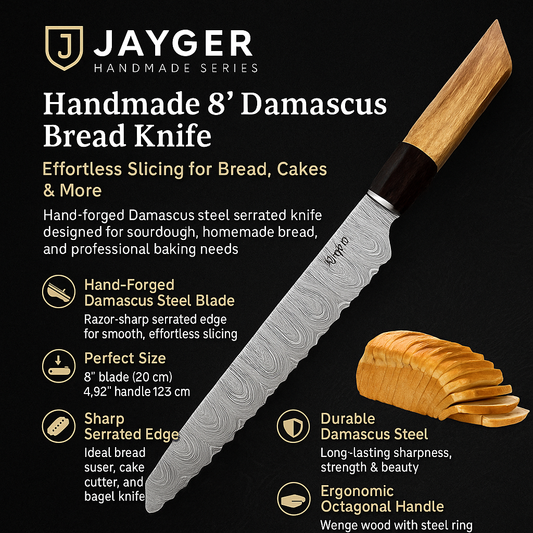 Handmade Bread Knife – Hand Serrated Damascus Steel Blade