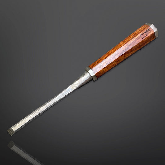 Wooden-handled chisel on a dark gray background