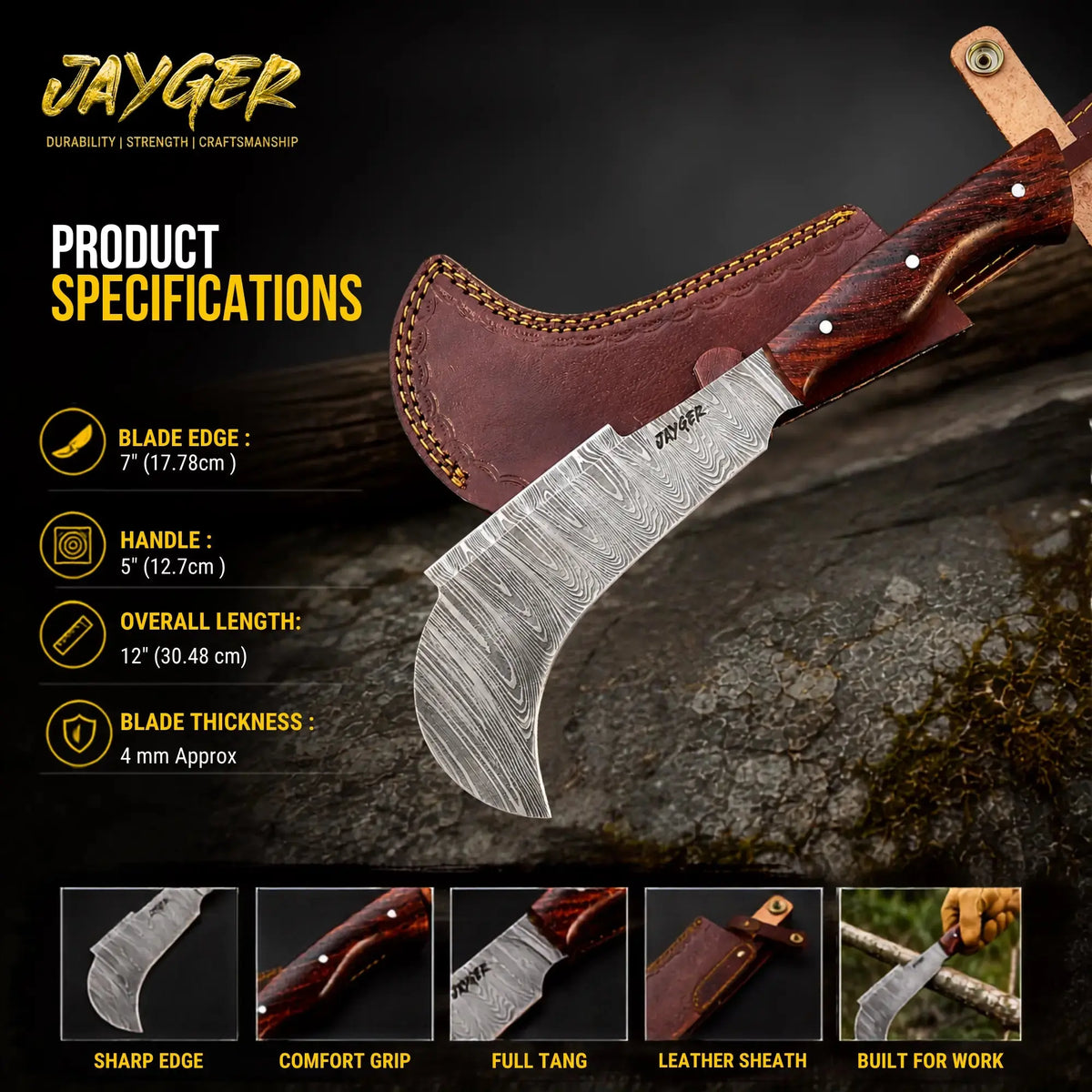 Handmade Damascus Steel Yorkshire Billhook With Leather Sheath