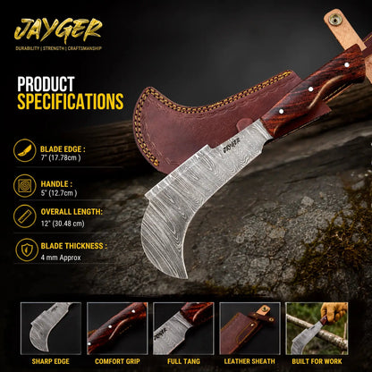 Handmade Damascus Steel Yorkshire Billhook With Leather Sheath
