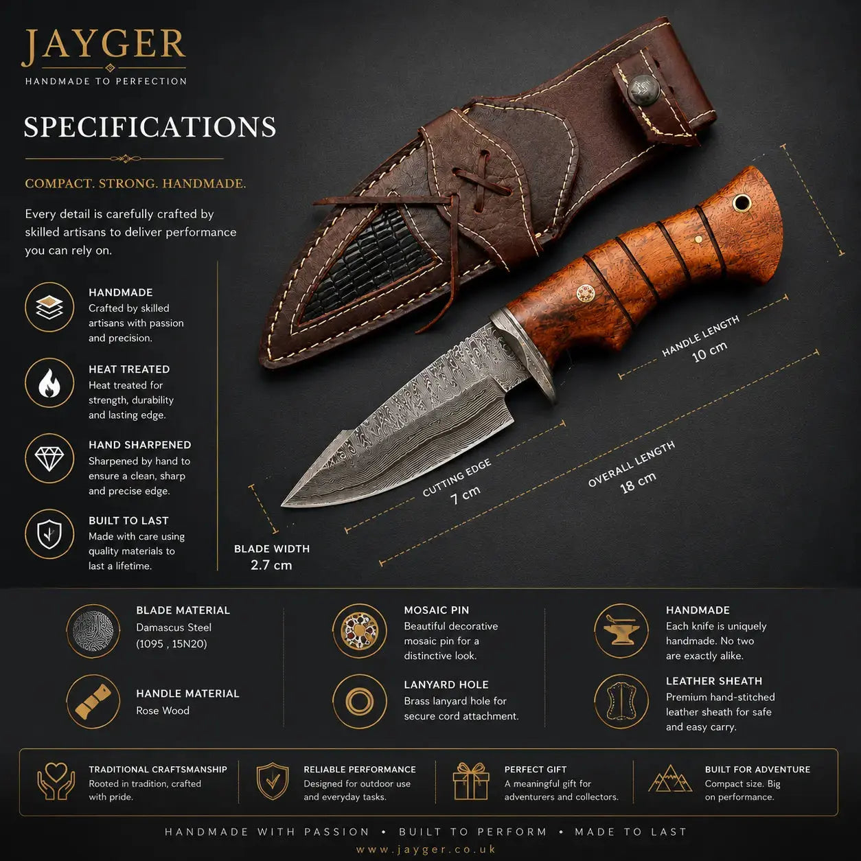 Small Hunting Knife With Leather Sheath - Damascus Steel