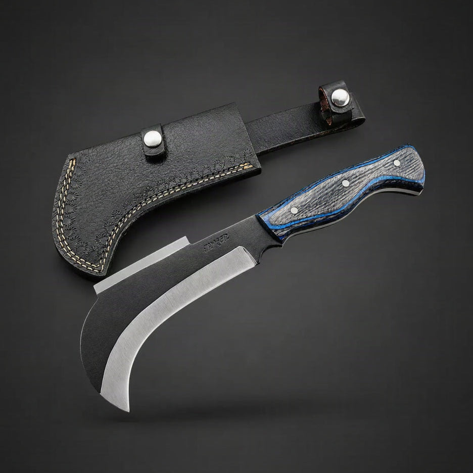 A curved fixed-blade knife with a textured black handle featuring blue inlay and silver rivets, displayed next to its black leather sheath on a dark gray background.