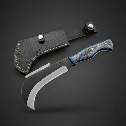 A curved fixed-blade knife with a textured black handle featuring blue inlay and silver rivets, displayed next to its black leather sheath on a dark gray background.