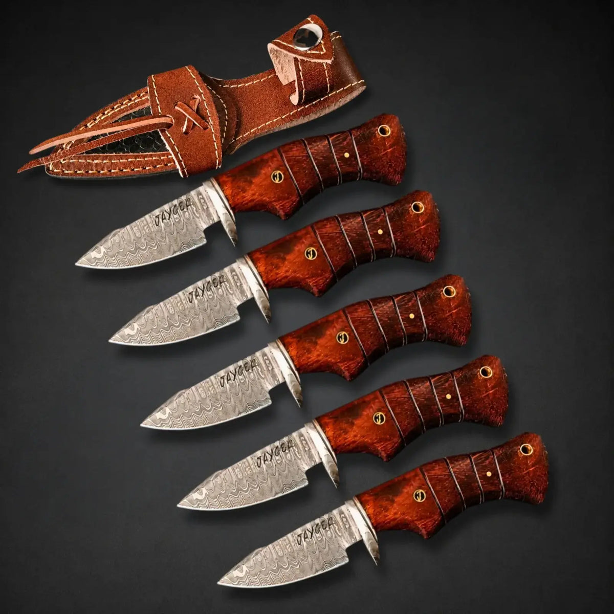 Set of 5 Damascus Steel Hunting Knife With Leather Sheath